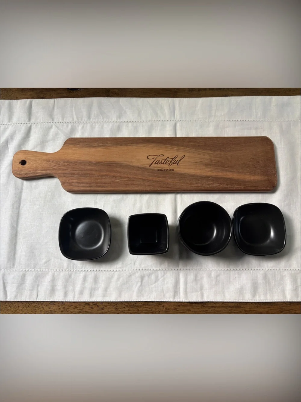 Black Appetizer Set- 4 Bowls with Wooden Tray